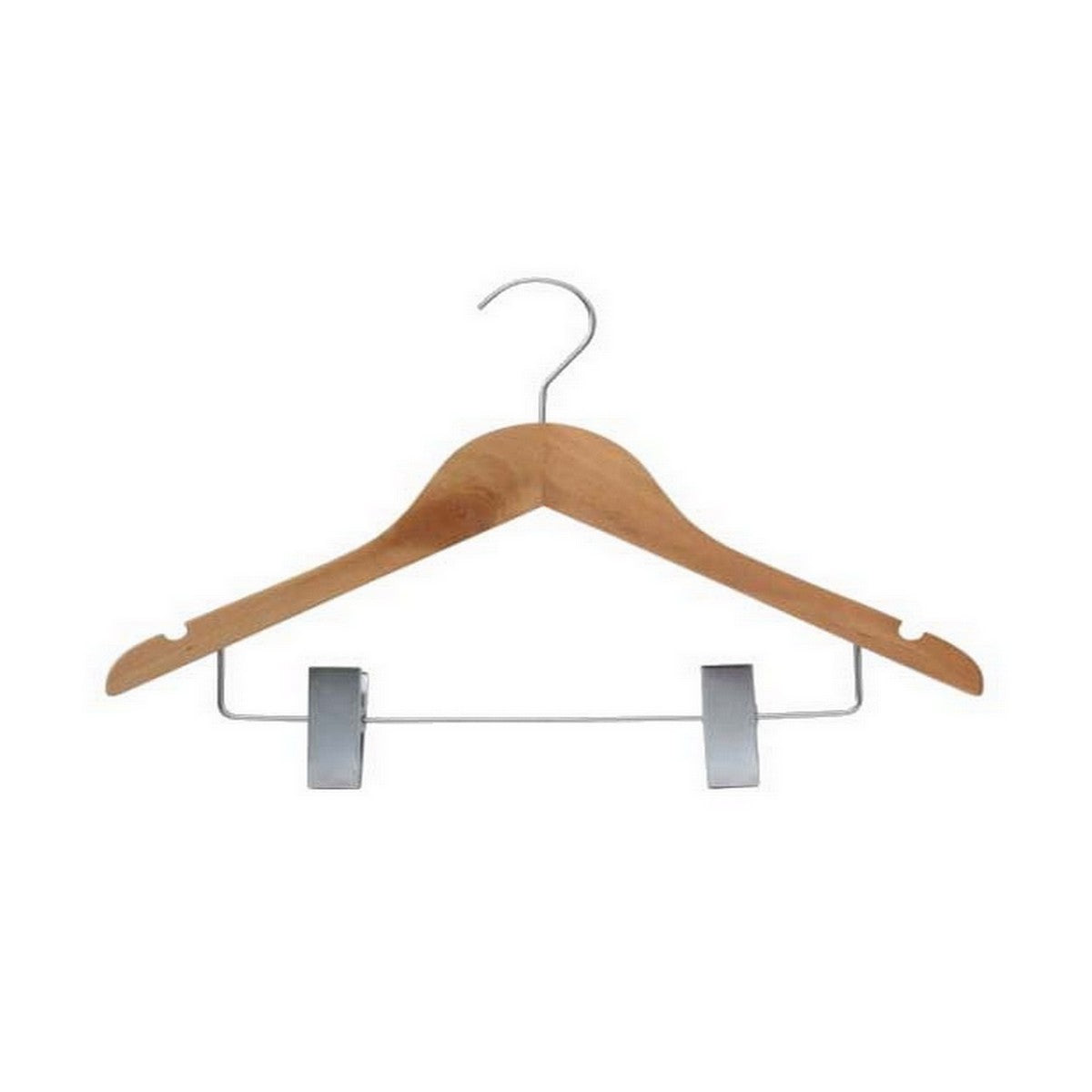 GRS.24.58.01.NAT - CINTRE EN BOIS NATUREL 44 CM AVEC BARRE SIMPLE, PINCES ET ENCOCHES (COMMANDE MINIMUM PAR 10 PIÈCES)