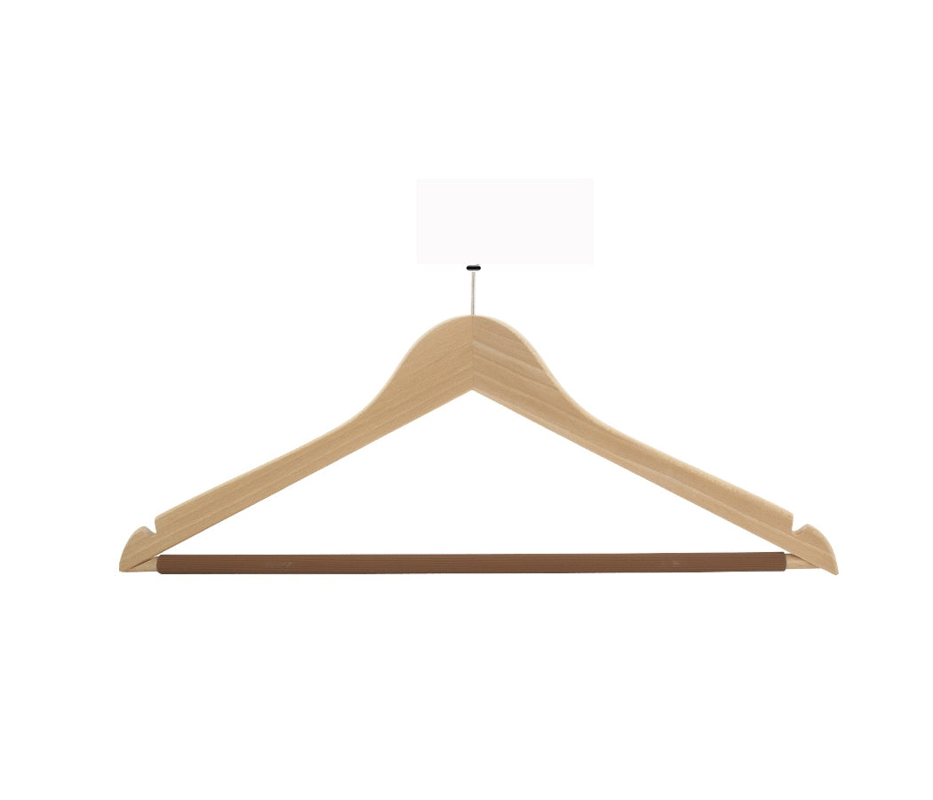 GRS.24.63.00.NAT - CINTRE EN BOIS NATUREL VERNIS 44 CM AVEC BARRE ANTIGLISSE, CROCHET ANTIVOL ET ENCOCHES – ANNEAU NON FOURNI (COMMANDE PAR 50 PIECES)