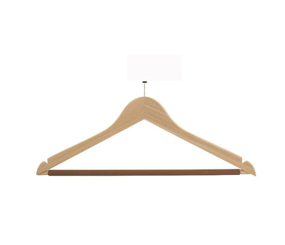 GRS.24.63.00.NAT - CINTRE EN BOIS NATUREL VERNIS 44 CM AVEC BARRE ANTIGLISSE, CROCHET ANTIVOL ET ENCOCHES – ANNEAU NON FOURNI (COMMANDE PAR 50 PIECES)