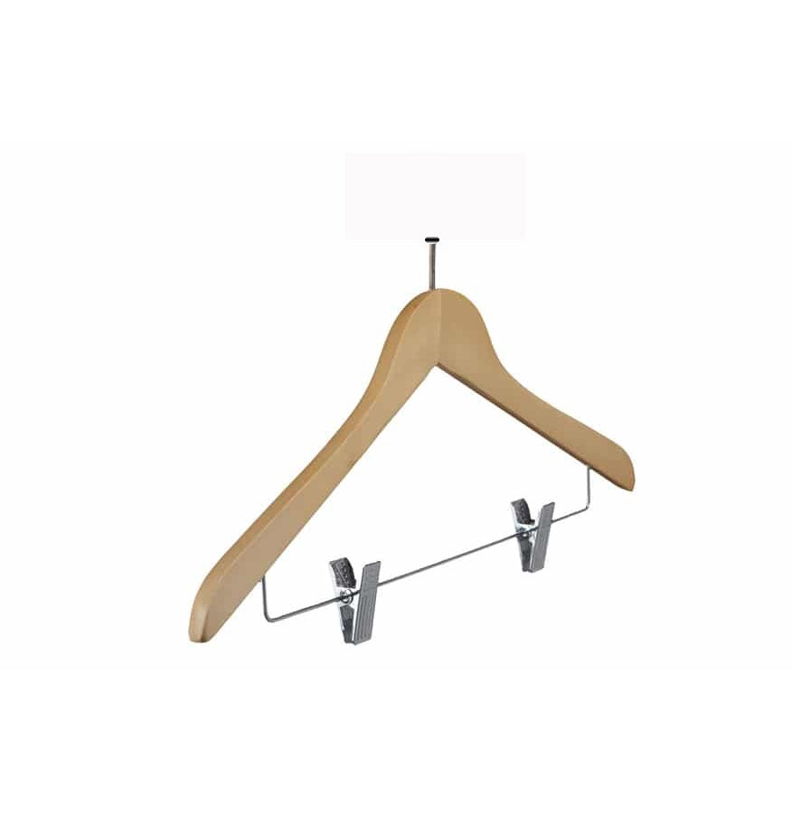 GRS.24.63.01.NAT - CINTRE EN BOIS NATUREL VERNIS 44 CM AVEC BARRE MÉTAL ET PINCES CHROMÉES ET CROCHET ANTIVOL – ANNEAU NON FOURNI (COMMANDE PAR 50 PIECES)